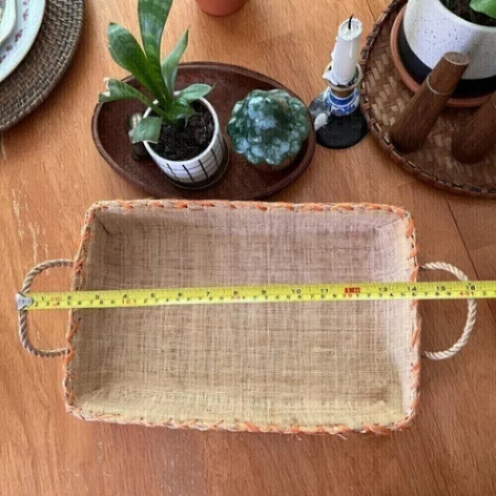 Vintage Hand Made Lined Wicker Basket Colorful Fruit Design Philippines Raffia